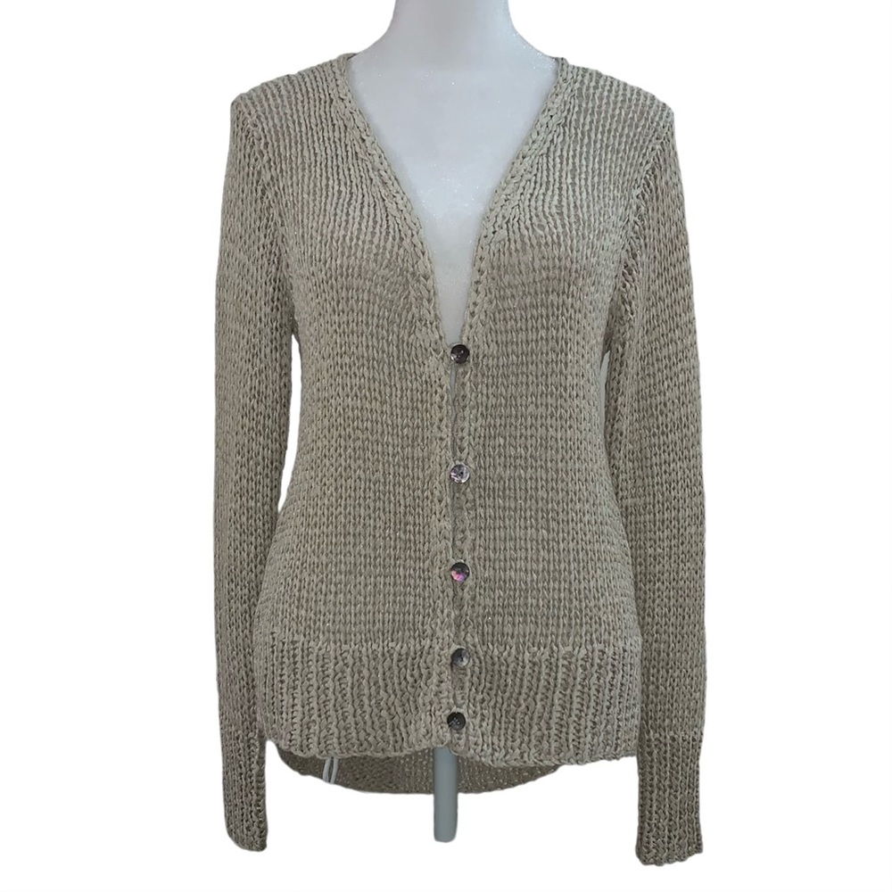 Eileen Fisher Long Sleeve Silk Trim Knitted V-Neck Button Front Sweater Size S